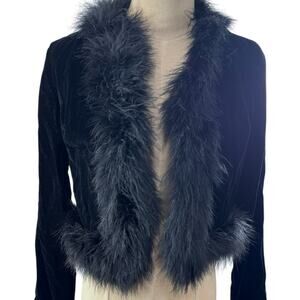 Black Feather Boa Velvet Cardigan Open Front Cropped No Tg SZ S Luxury Prom Hoco